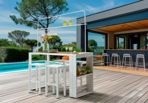 Ensemble mange-debout bar + 4 tabourets empilables HAWAI - Jardiline